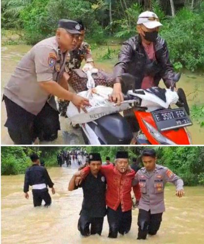 Sungai Way Nakau dan Way Serupa Meluap, Polisi Way Kanan Berjibaku Bantu Warga