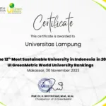 Unila Peringkat 12 Kampus Berkelanjutan Terbaik di Indonesia Versi UI Greenmetric 2023