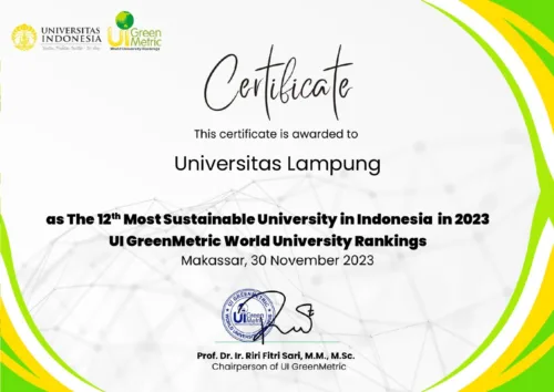 Unila Peringkat 12 Kampus Berkelanjutan Terbaik di Indonesia Versi UI Greenmetric 2023