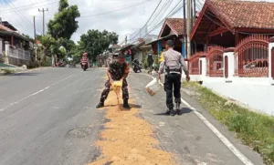 Membahayakan Pengguna Jalan, Babinsa dan Bhabinkamtibmas Gerak Cepat Antisipasi Bersihkan Solar Tumpah