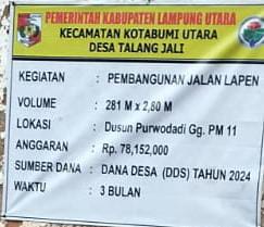 Desa Talang Jali, Kecamatan Kotabumi Utara Prioritaskan Jalan Demi Kenyamanan Warga yang Melintas